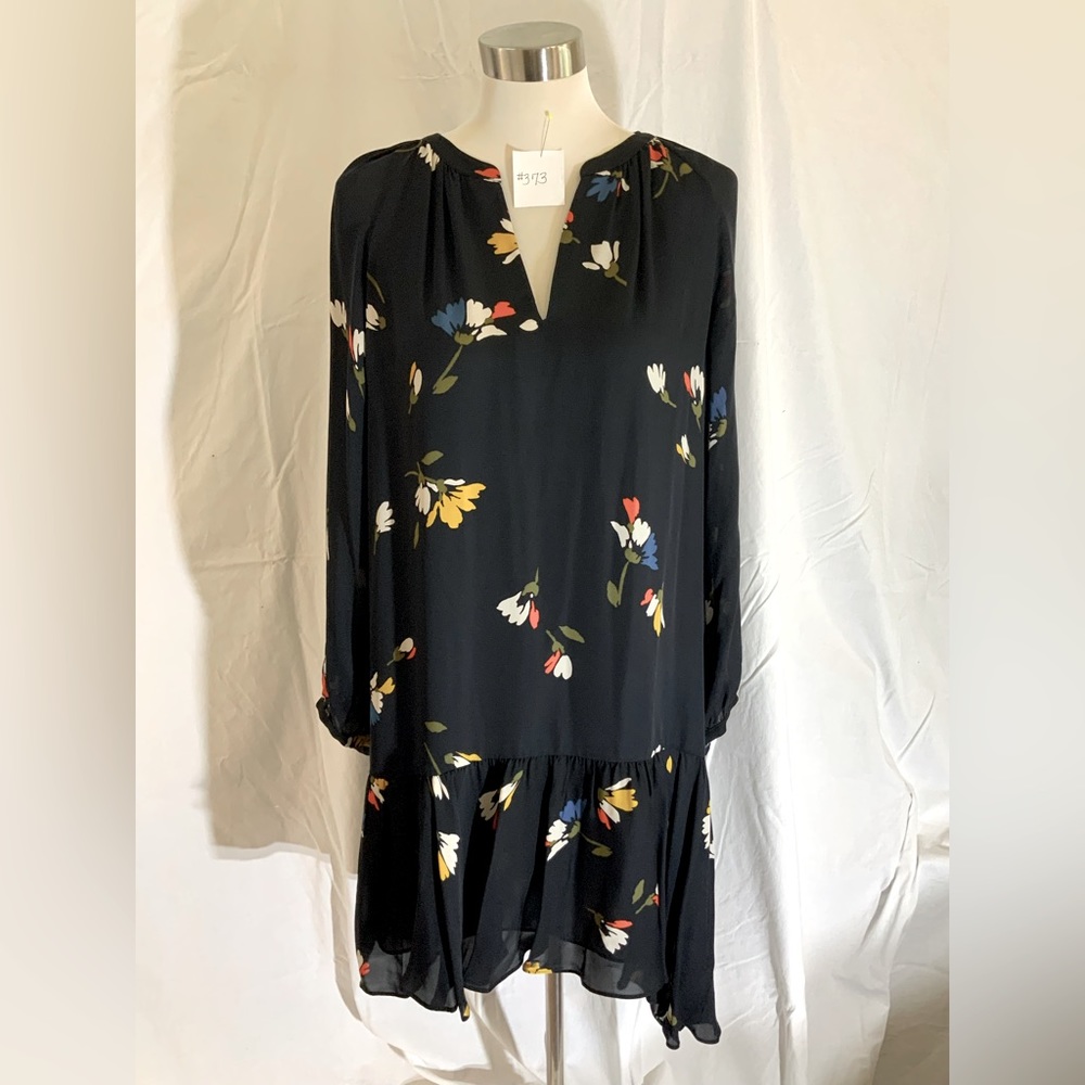 Joie Black Floral Long-Sleeve V-Neck Tiered Dress